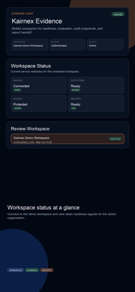 Actual Kairnex Evidence workspace overview screenshot reference.